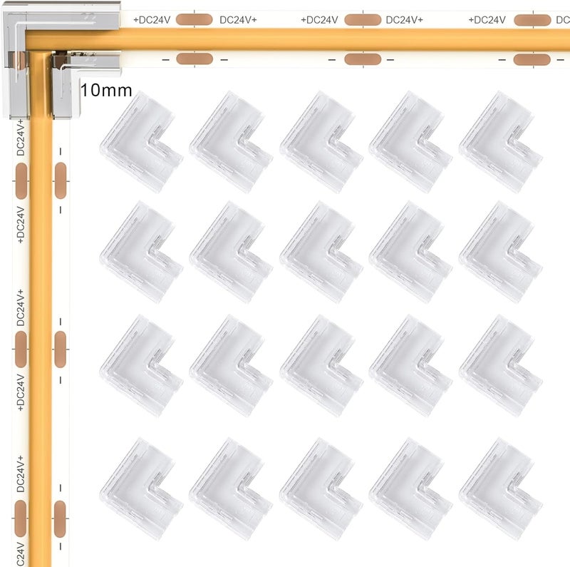 VISDOLL 10mm 2Pin COB LED Light Strip Connectors 20pcs L-Shaped/Corner Connector Transparent Gapless LED Tape Light Connectors, No Dark Area for DIY COB/SMD Strip Lights - Image 1